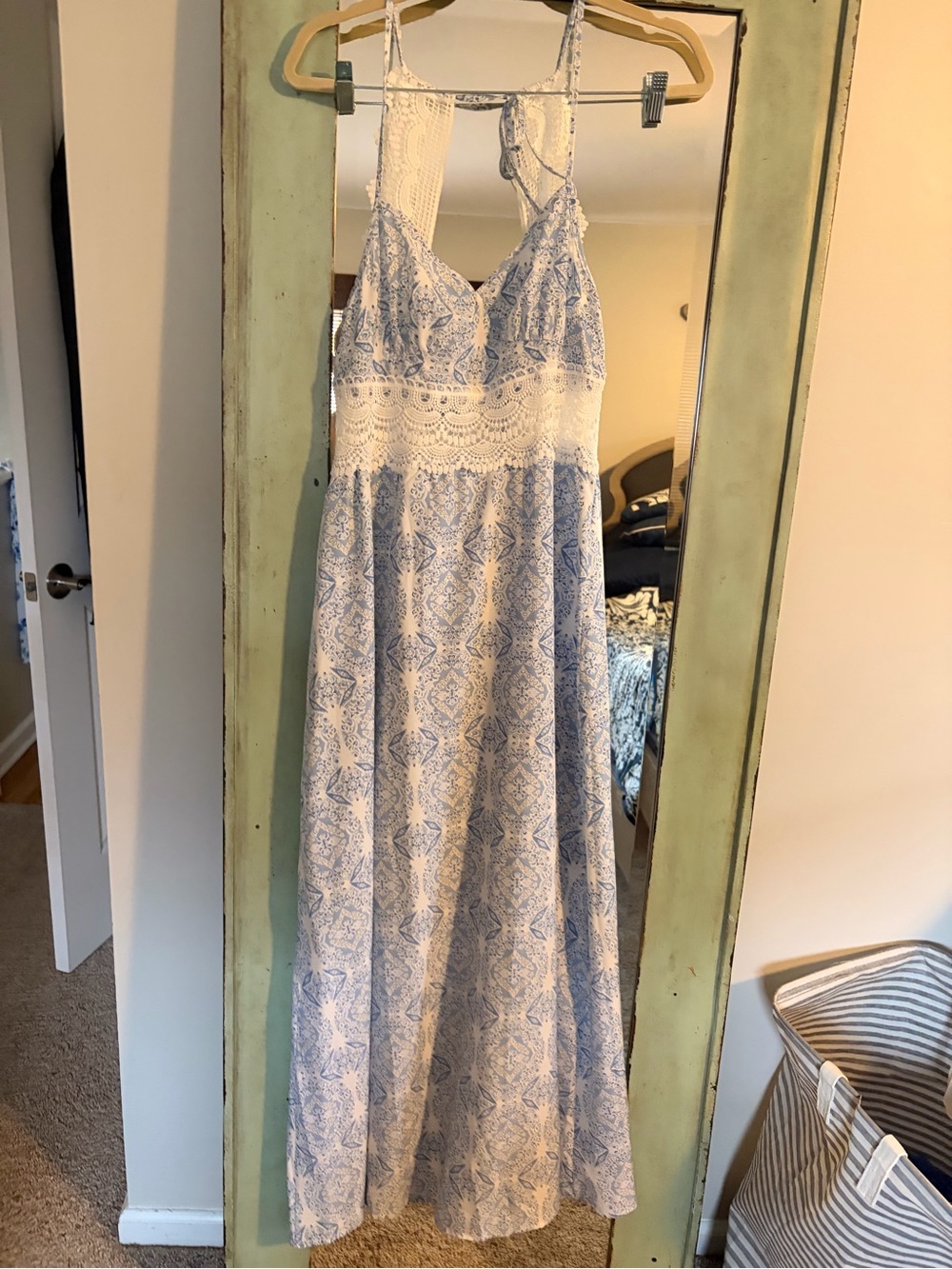 SHEIN Blue and White Lace-Trim Midi Dress